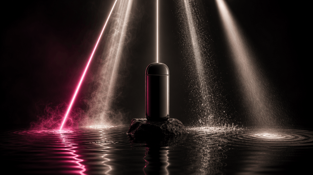 A collection of distinct luminous beams converging on one polished product-like object above a dark reflective sea, each