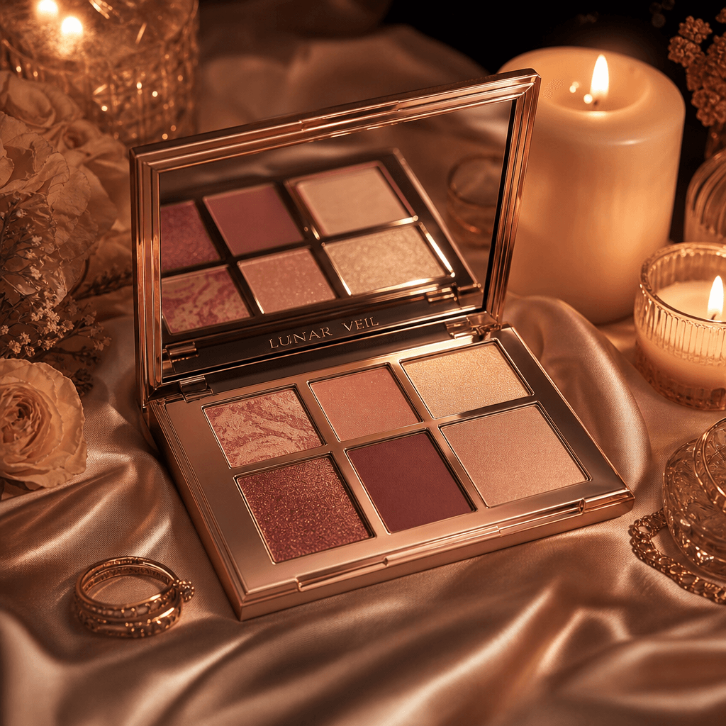 Luxury cosmetics palette with soft candlelight glow, beauty product elegance, romantic warm tones, intimate studio light
