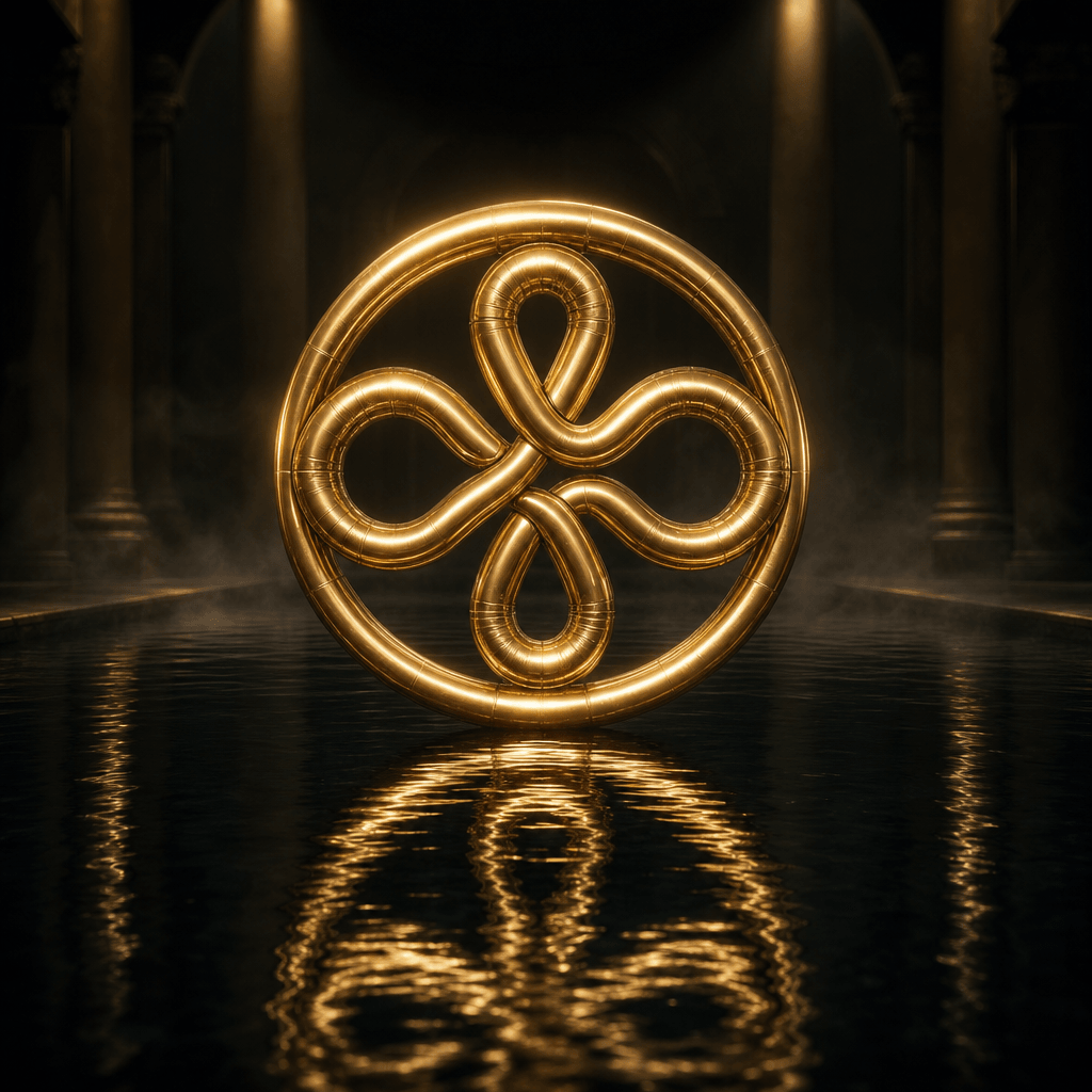 An elegant circular logo form built from metallic gold balloon tubes floating in a dark indoor pool. Focused studio spot
