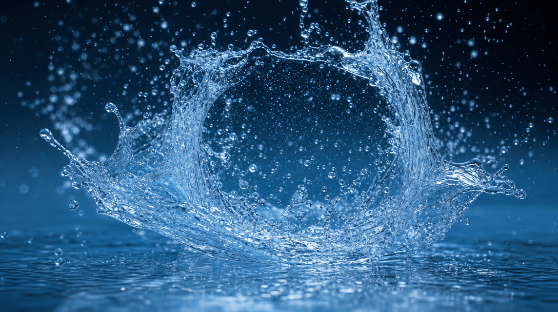 Complex water droplet simulation in slow motion, millions of particles flowing around invisible product center, smooth n