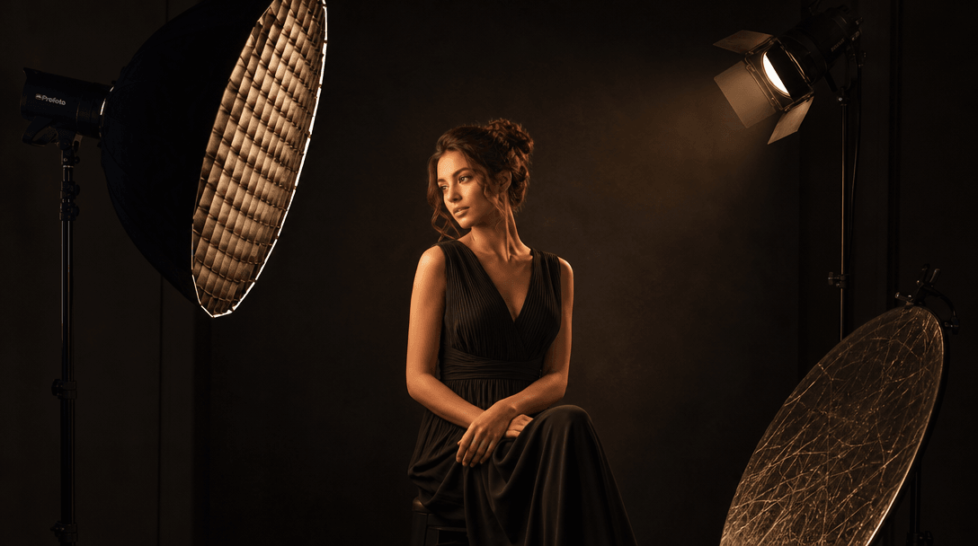 Professional studio lighting setup with warm spotlights and dramatic shadows, light modifiers creating directional illum