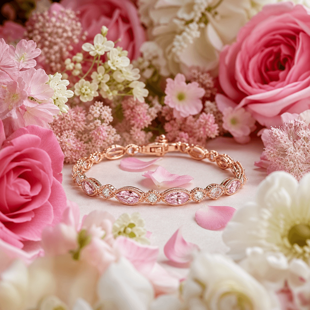Delicate rose gold bracelet nestled among pink and white blooming garden flowers, studio lighting with shallow depth of 