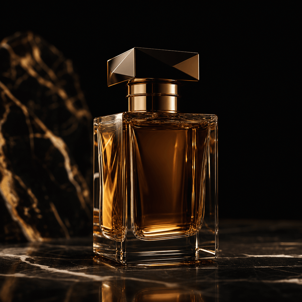 Cinematic close-up of a luxury perfume bottle on a dark marble surface, dramatic studio lighting with warm amber specula