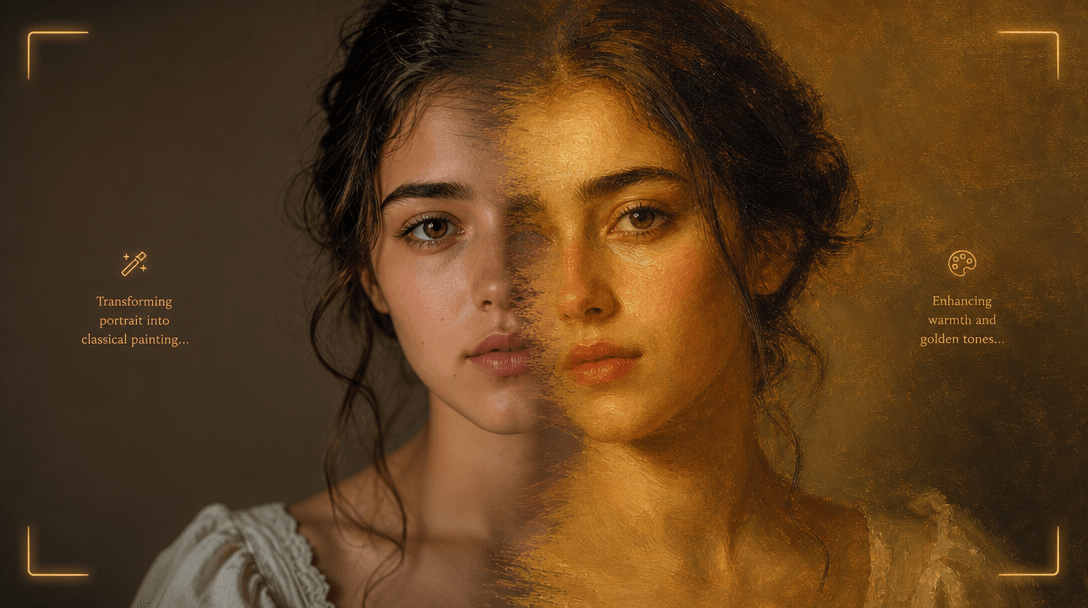 Portrait photo on screen gradually transforming into classical painting, warm golden tones enhancing, Nim creation inter