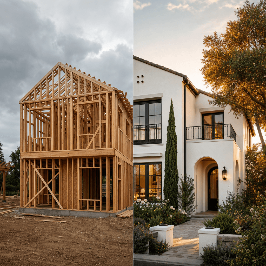 Residential exterior transformation split frame: left side showing a timber frame structure mid-build with exposed frami