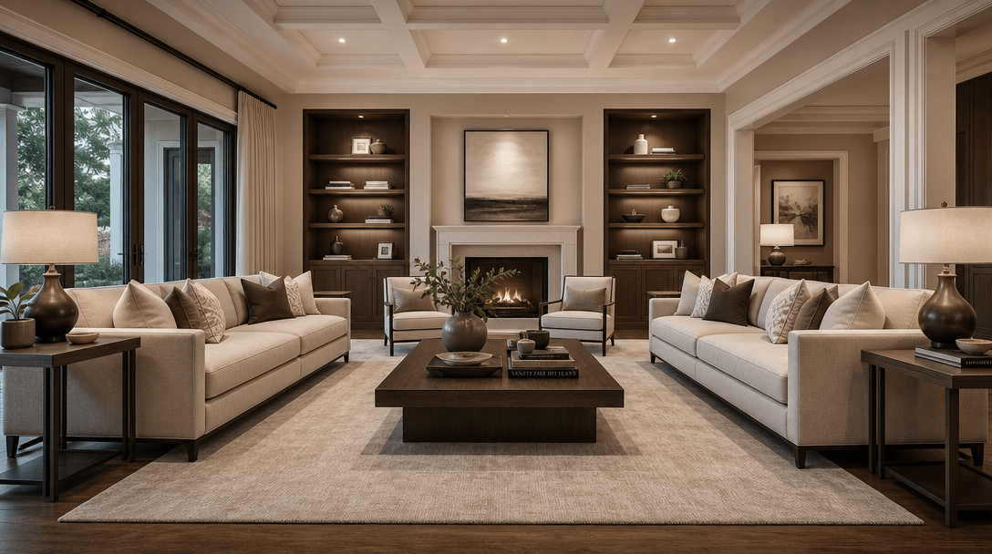 Beautifully staged living room interior ready for a high-end real estate showcase. Symmetrical wide-angle composition, w