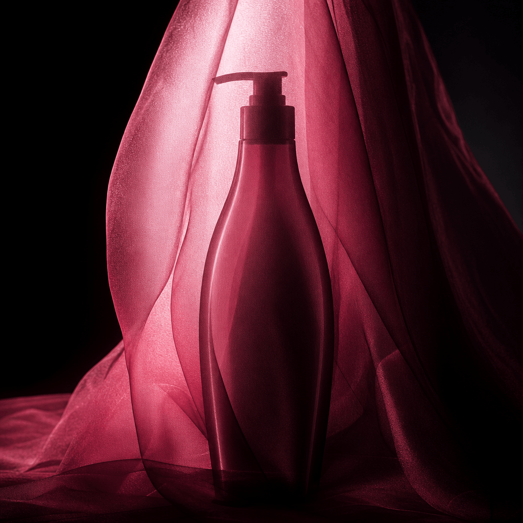 A tall haircare bottle silhouetted behind translucent rose-colored fabric, with directional light revealing the pump and