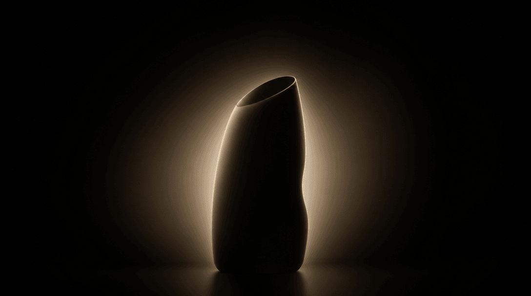 A product silhouette — abstract, unidentifiable — emerging from a soft halo of diffused studio light against a deep dark
