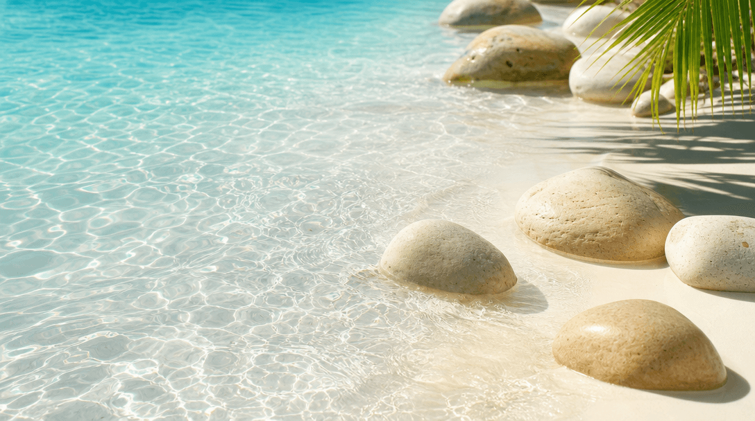 White sand and smooth stones in shallow turquoise water. Natural tropical textures, luxury spa environment, serene compo
