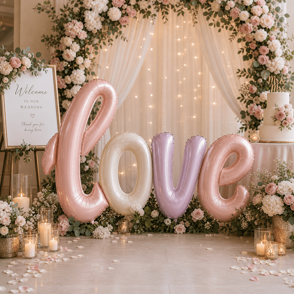 A wedding scene featuring elegant balloon letters that spell 'Love' in soft pastel colors, set against a romantic backdr