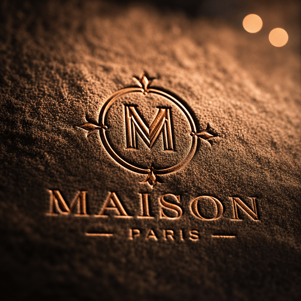 Luxury brand logo imprint in copper sand with dramatic side lighting, bokeh background, premium editorial magazine aesth