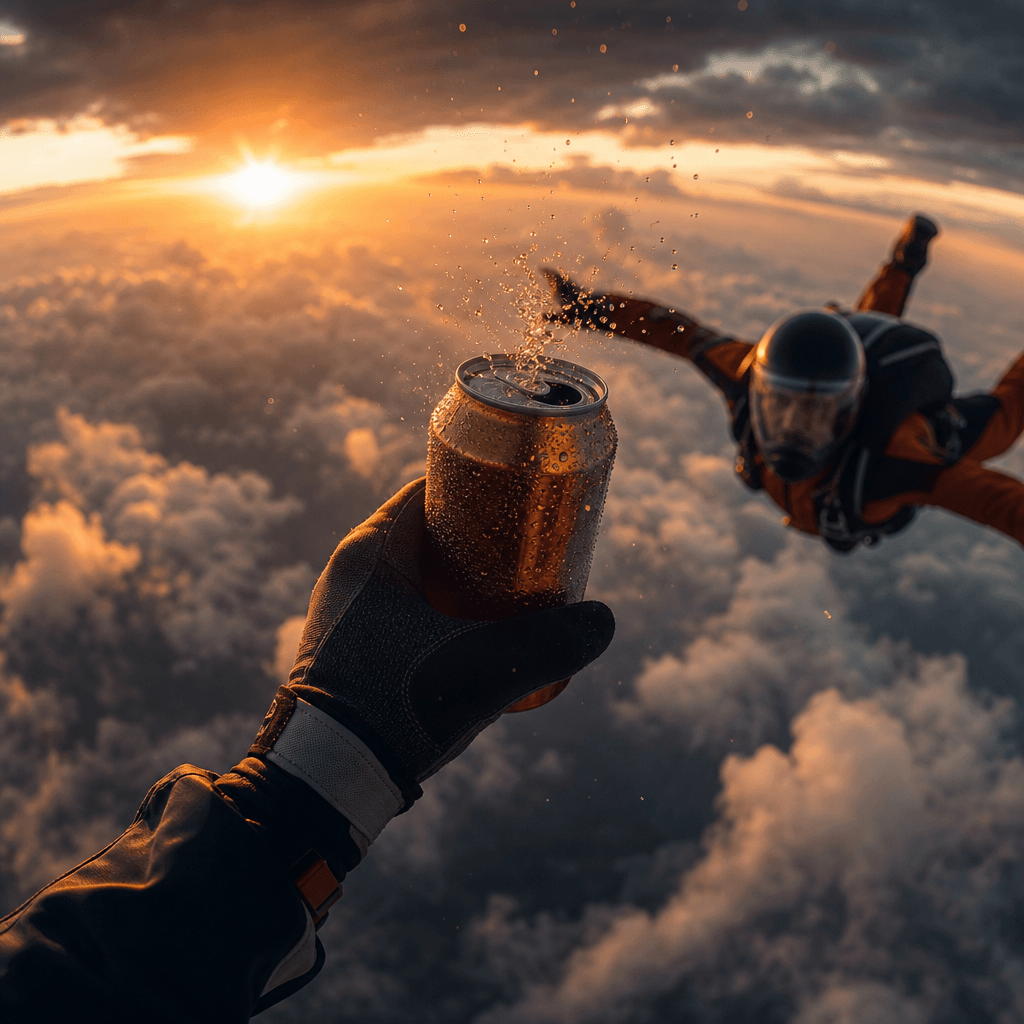 A vibrant beverage can opened midair by an anonymous skydiver, droplets and condensation floating briefly in the turbule