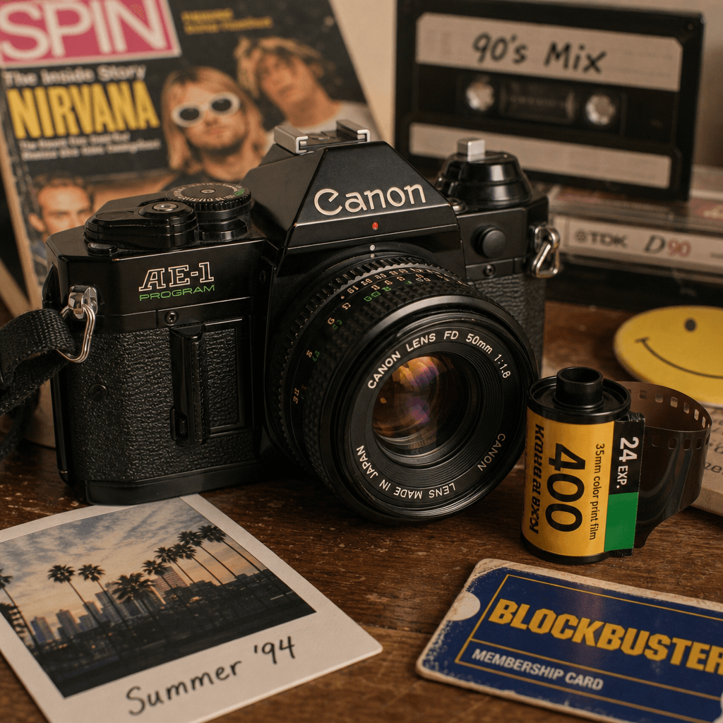 A close-up of a vintage camera with a 90's film roll, set against a backdrop of nostalgic items, emphasizing the retro t