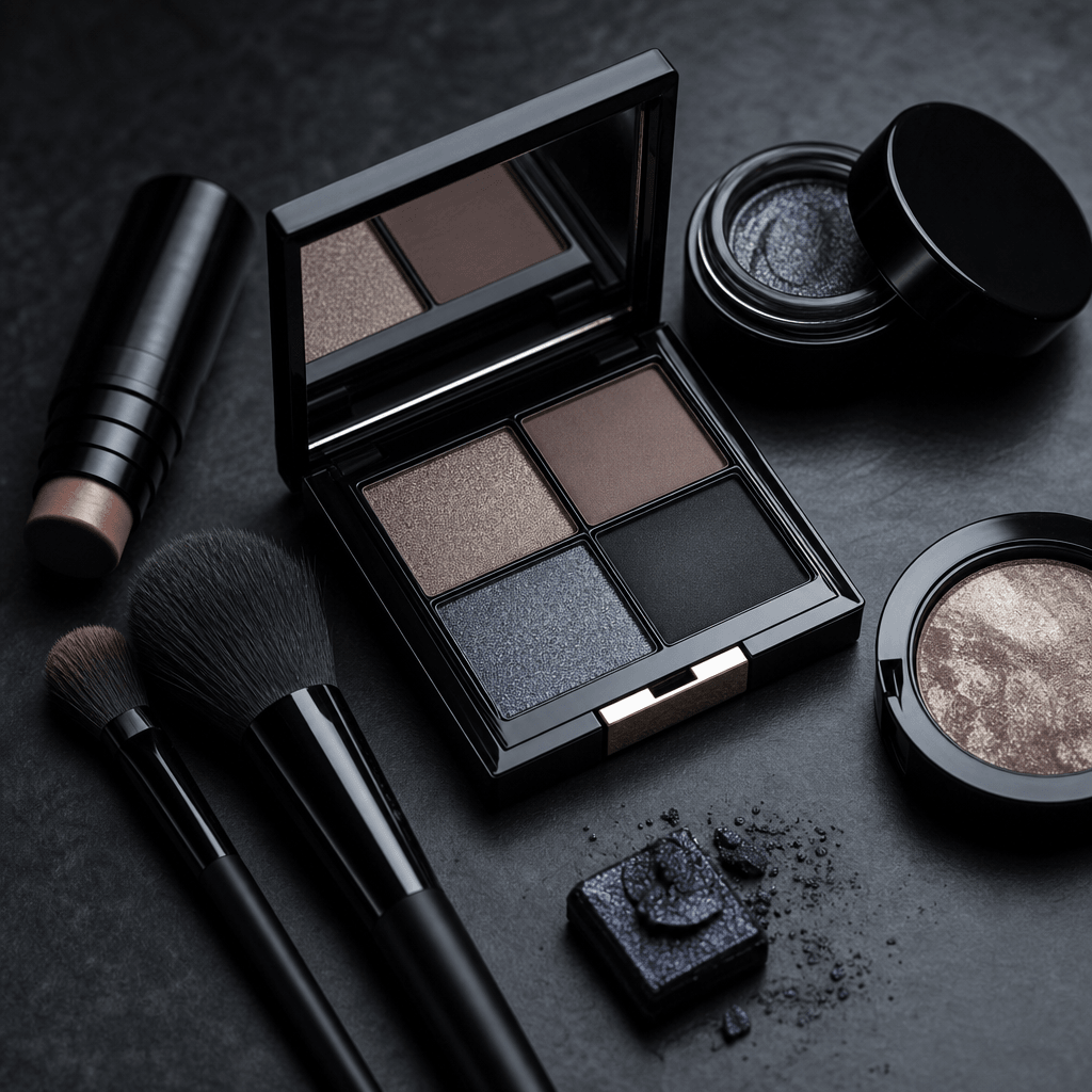 Compact cosmetics palette and brush arrangement on a deep charcoal surface, cold overhead studio light, beauty product e