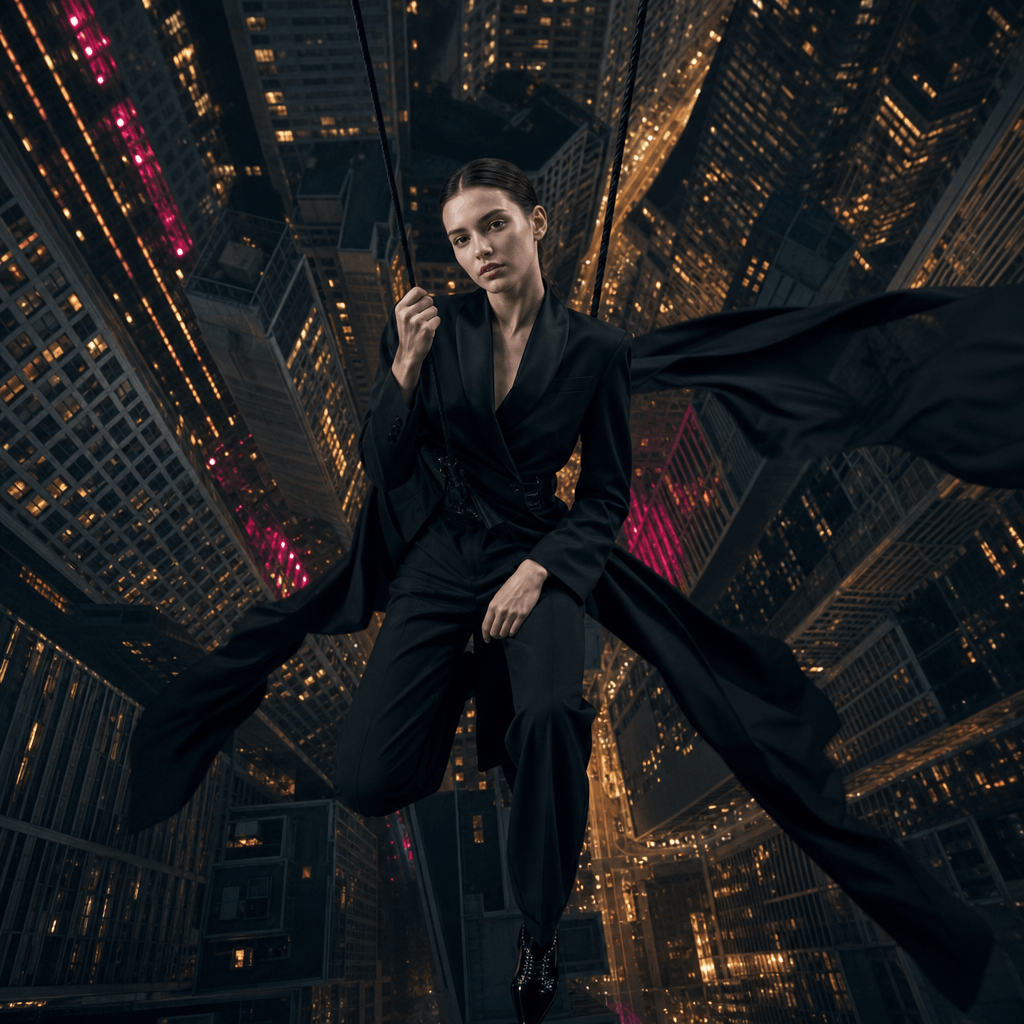 An anonymous fashion model in a structured black suit suspended above a dense nighttime city, buildings forming a geomet