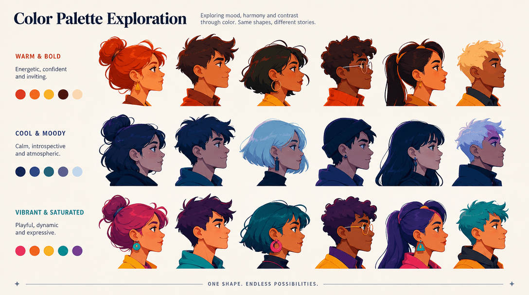 Color palette exploration. Multiple cartoon head silhouettes in different schemes: warm bold, cool moody, vibrant satura