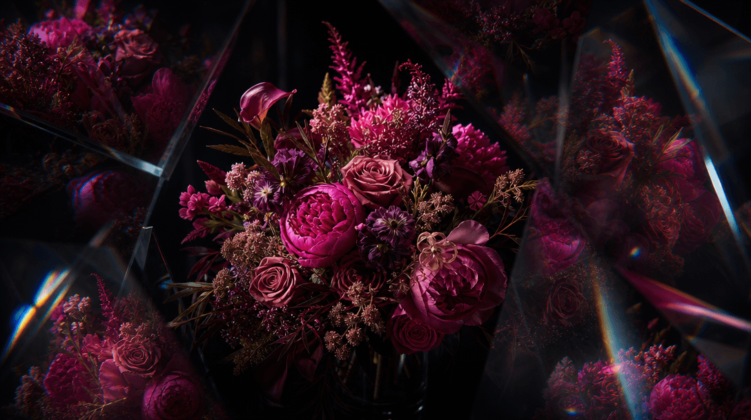 A single elaborate bouquet viewed through layered optical glass and subtle prism reflections, creating several refined i
