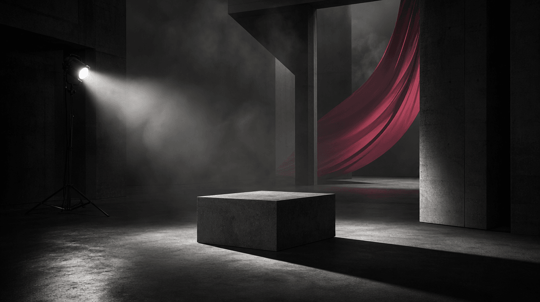An empty cinematic street set reduced to essential physical elements: a concrete product pedestal, one hard spotlight, a
