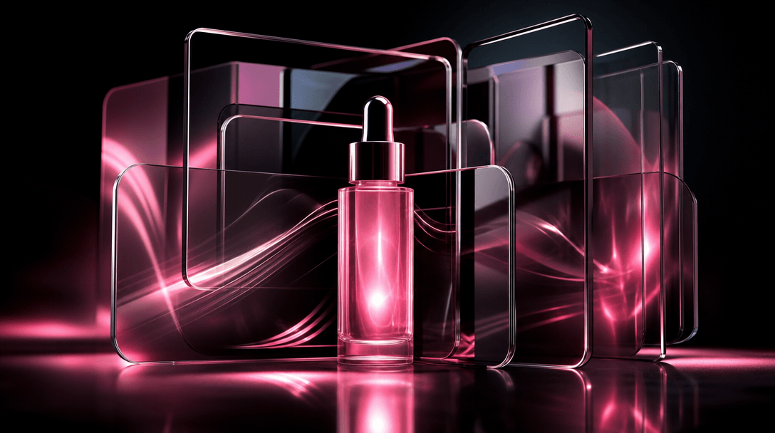 A luminous beauty product surrounded by multiple abstract film frames made from chrome, dark glass, flowing light trails