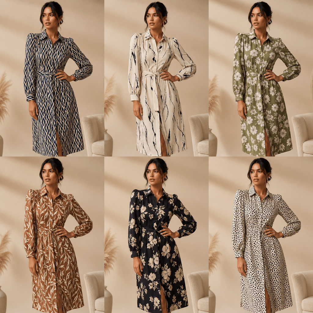 Garment displaying multiple pattern variations, same base item different prints, professional fashion photography, produ