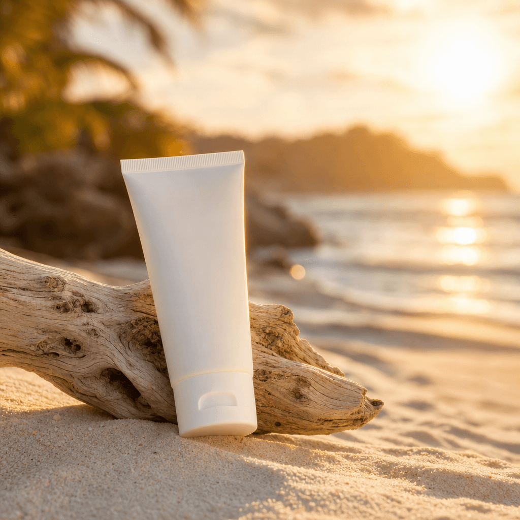 Matte white sunscreen tube resting on sun-bleached driftwood at a tropical beach. Warm golden backlight creating a soft 