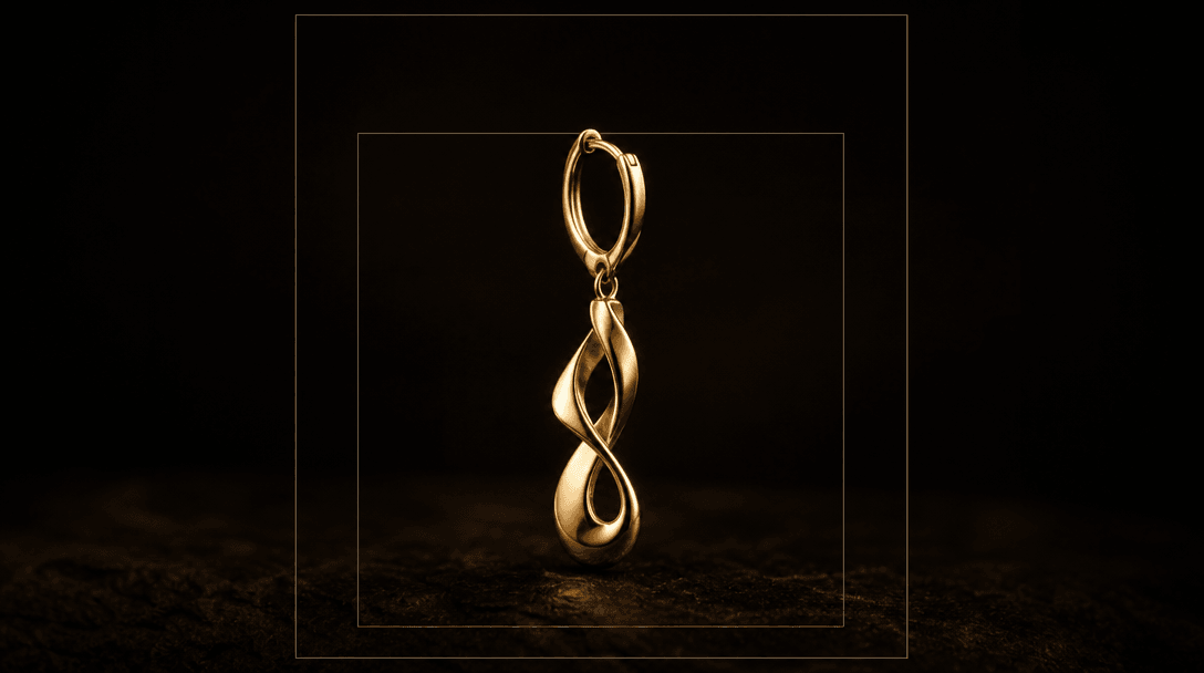 Abstract crop-format concept: a single elegant gold earring piece shown against deep dark background, surrounded by two 