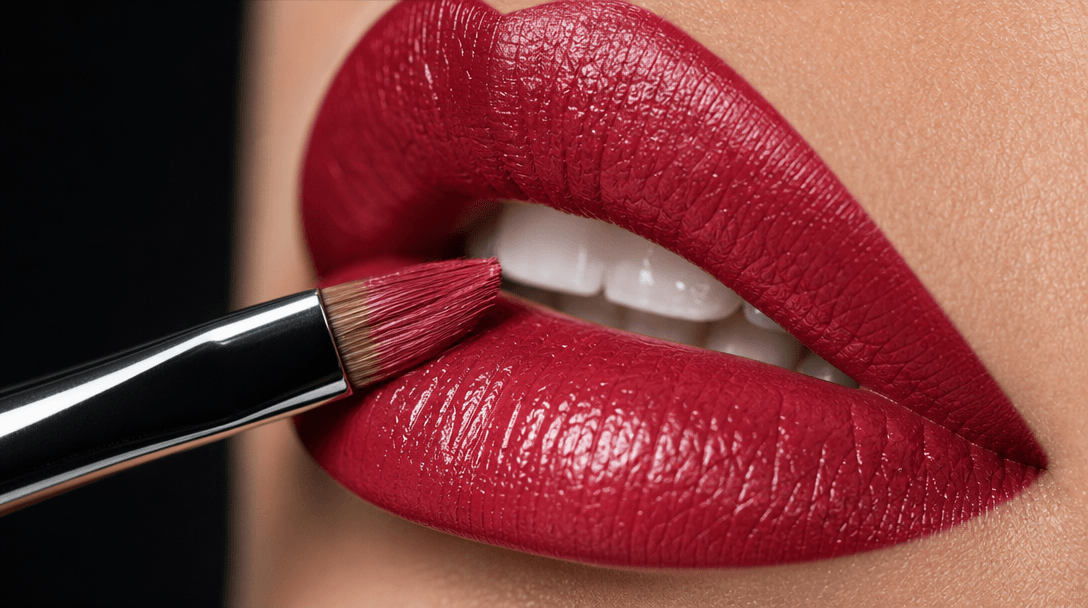 Macro photography of lipstick application showing perfect brush stroke technique, lighting highlights glossy finish, dep