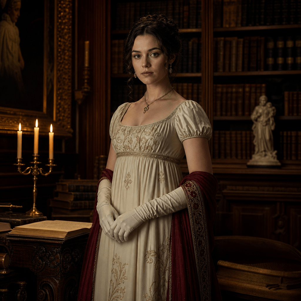A fictional woman in an empire-waist silk gown standing in a candlelit Regency library, poised expression, antique books