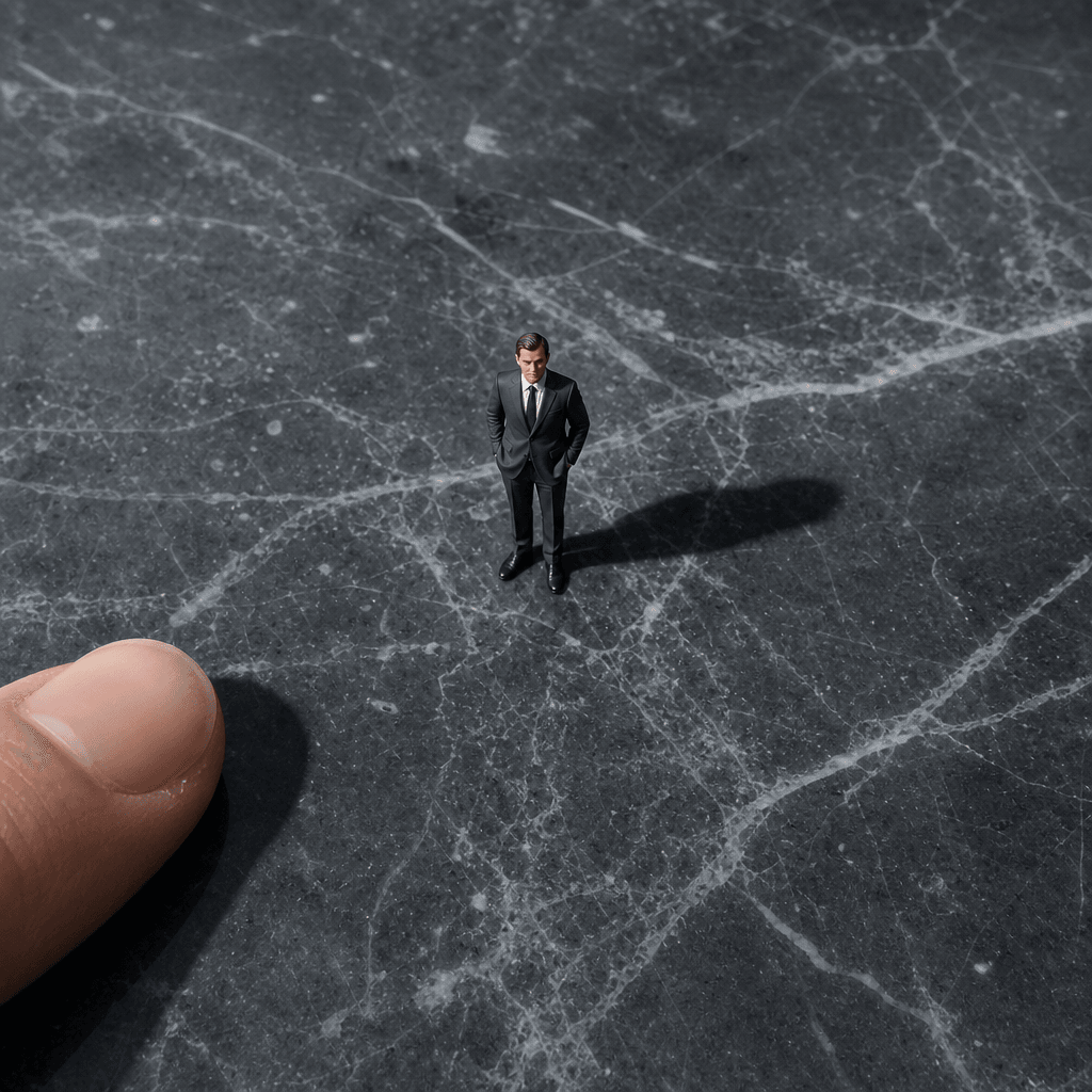 Overhead flat lay on dark polished stone: a tiny 4 cm miniature figure in a tailored suit stands upright on the surface,