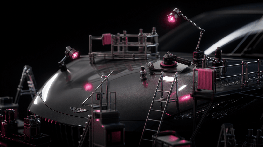 An atmospheric macro scene of miniature ladders, inspection lamps, polishing tools, and service platforms arranged aroun
