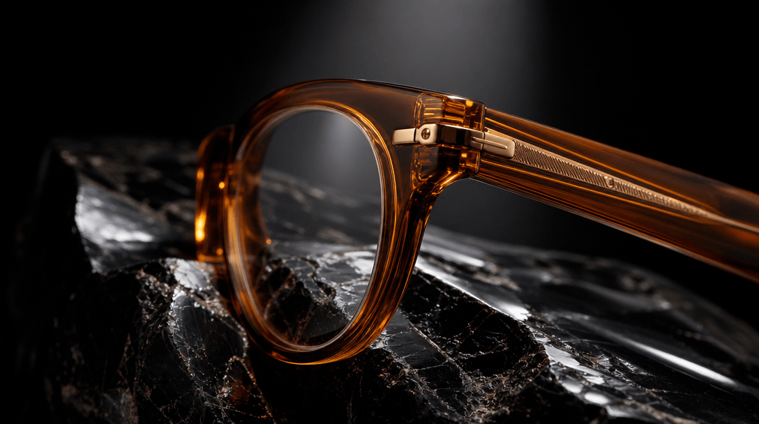 Macro-detail photograph of a luxury acetate eyewear frame resting on polished obsidian stone, dramatic single overhead s