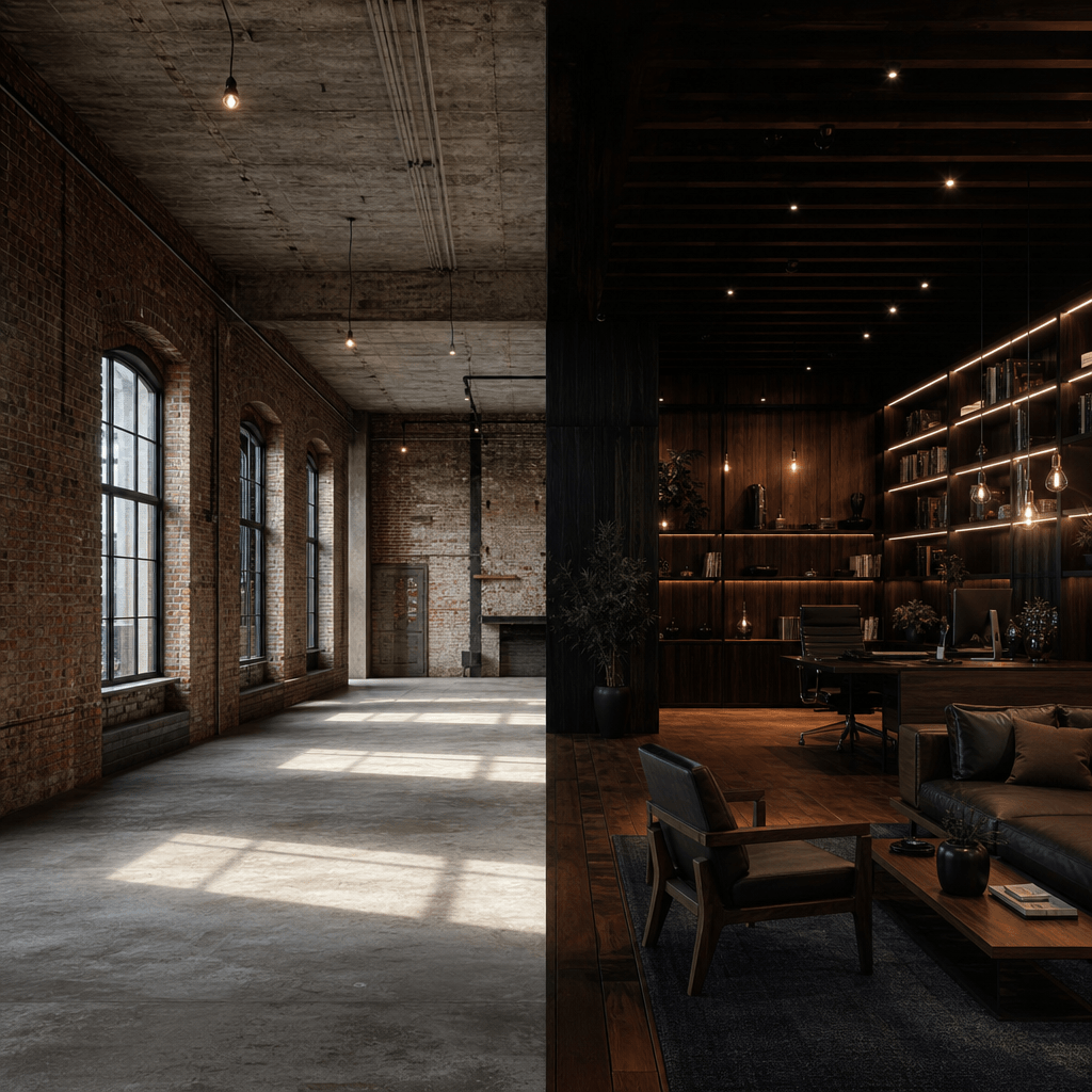 Industrial loft interior before and after: left half raw exposed brick walls and bare concrete ceiling with hanging elec
