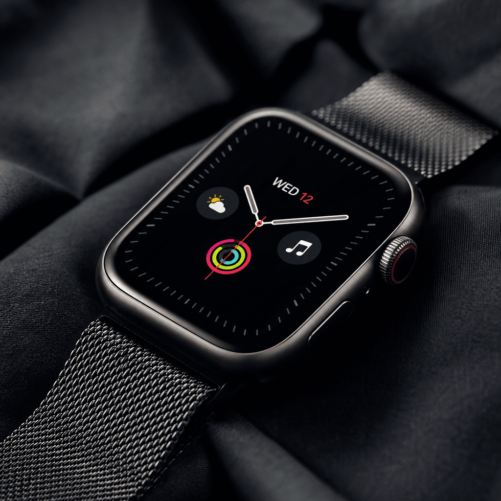 Beautiful close-up of a smartwatch on dark fabric, professional studio lighting highlighting screen and metal details, c