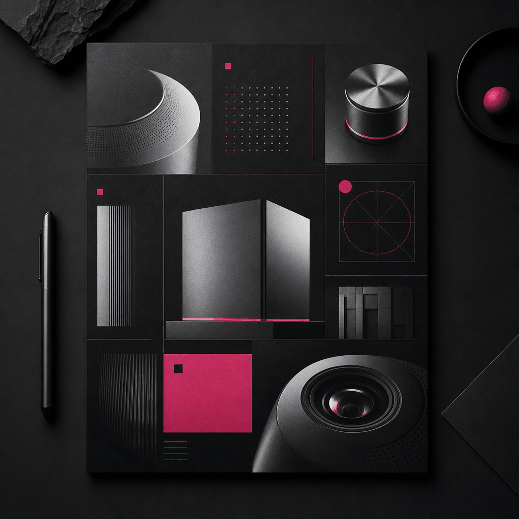 A sophisticated technology company one-pager presented as a square editorial still life, matte black paper, precise arch