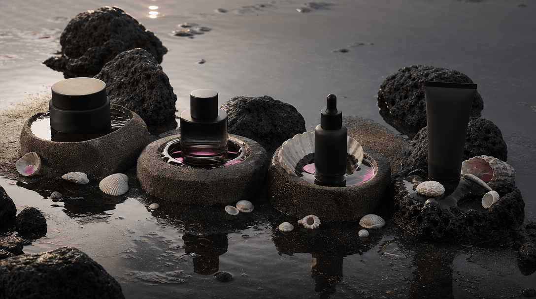 A coordinated row of coastal product stages formed from wet sand, volcanic stone, pale shells, and reflective tidal pool