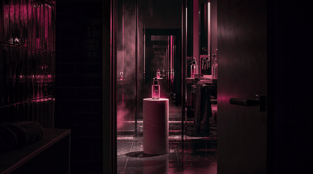A dark bathroom doorway opening onto a sharply lit product pedestal, reflected repeatedly across mirrors and chrome surf