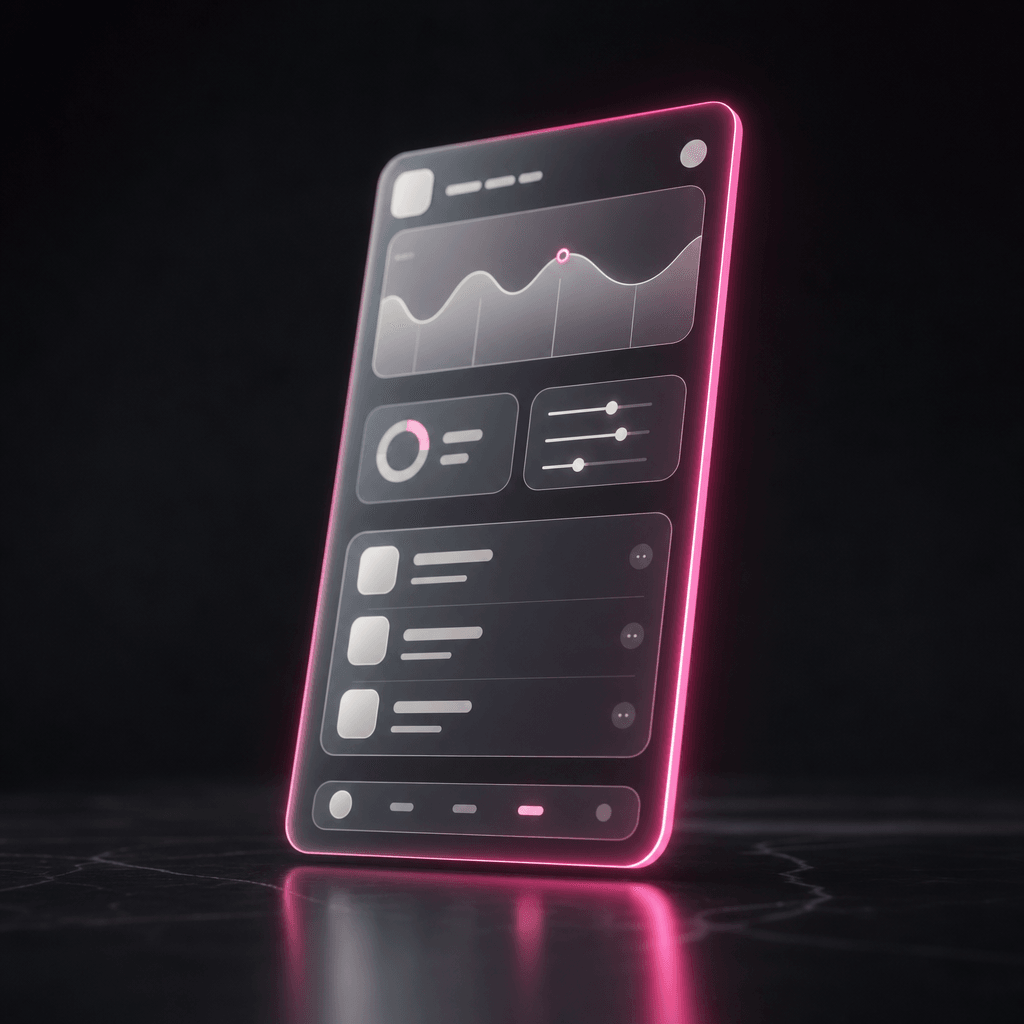 A mobile app interface abstracted as a floating translucent rectangular panel hovering above a dark reflective plane. Of