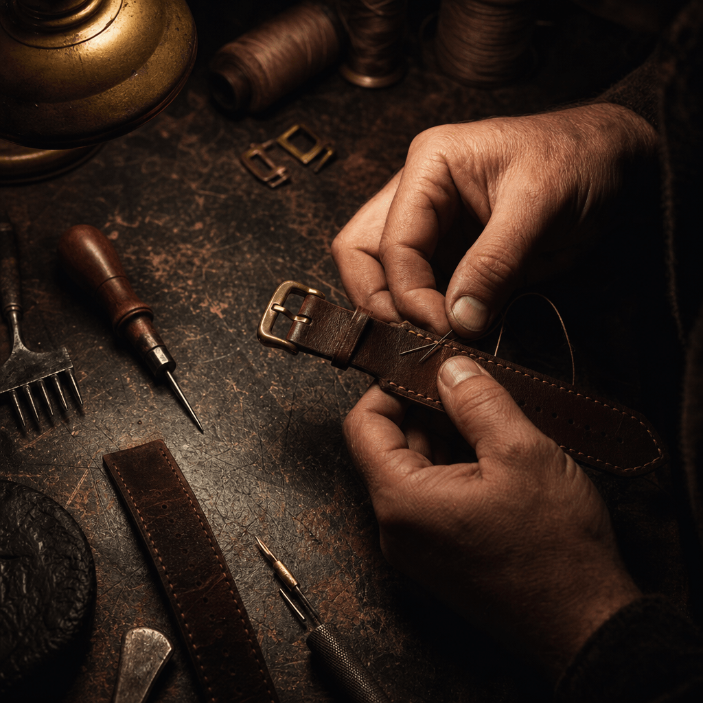 Artisan hands abstractly shown assembling a leather watch strap at a worn wooden bench, warm task light against deep sha