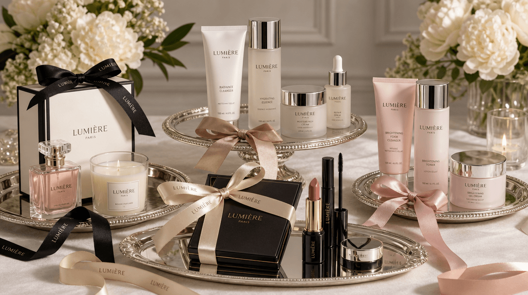 Multiple beauty products elegantly arranged on silver platters with varied ribbon styles, representing product versatili