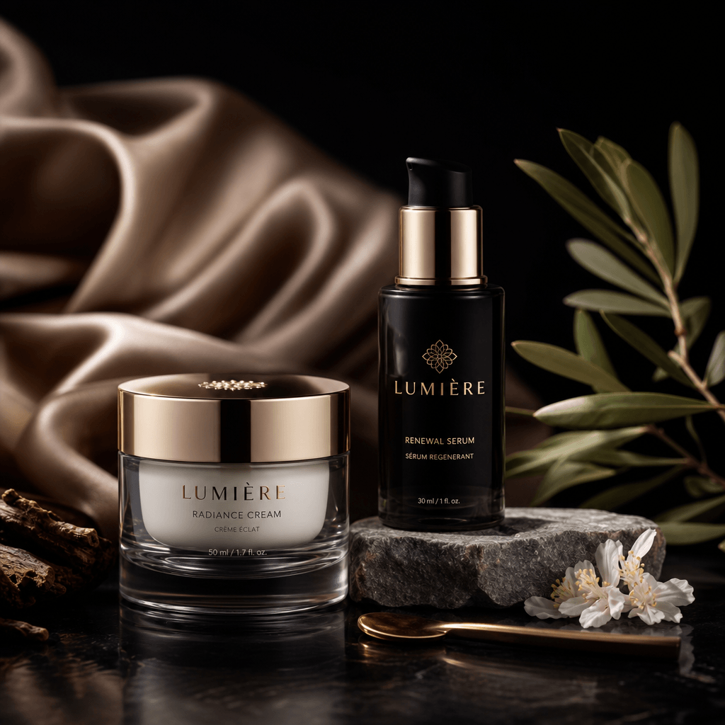 Luxury cosmetics product arranged with complementary textures—silk, glass, natural elements. Dark background, profession