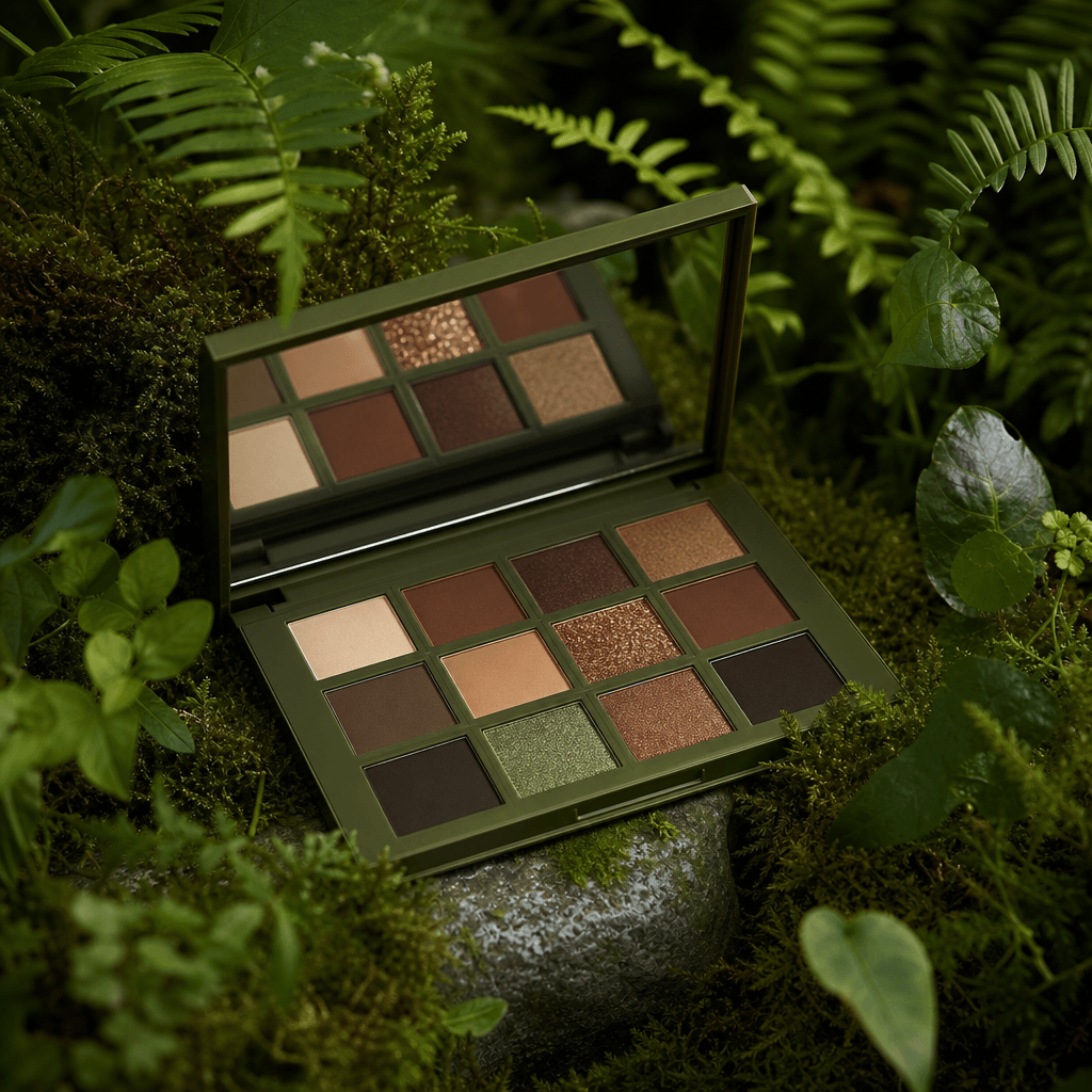 Cosmetics palette surrounded by forest greenery, beauty editorial, lush botanical backdrop, professional styling.