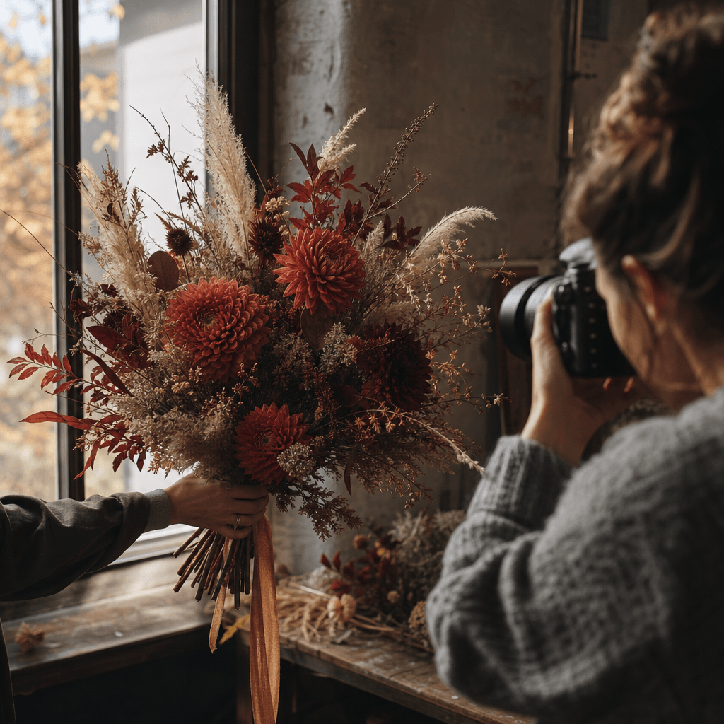 A warm autumn bouquet of rust dahlias, burgundy foliage, and dried grasses held near a window while an anonymous photogr