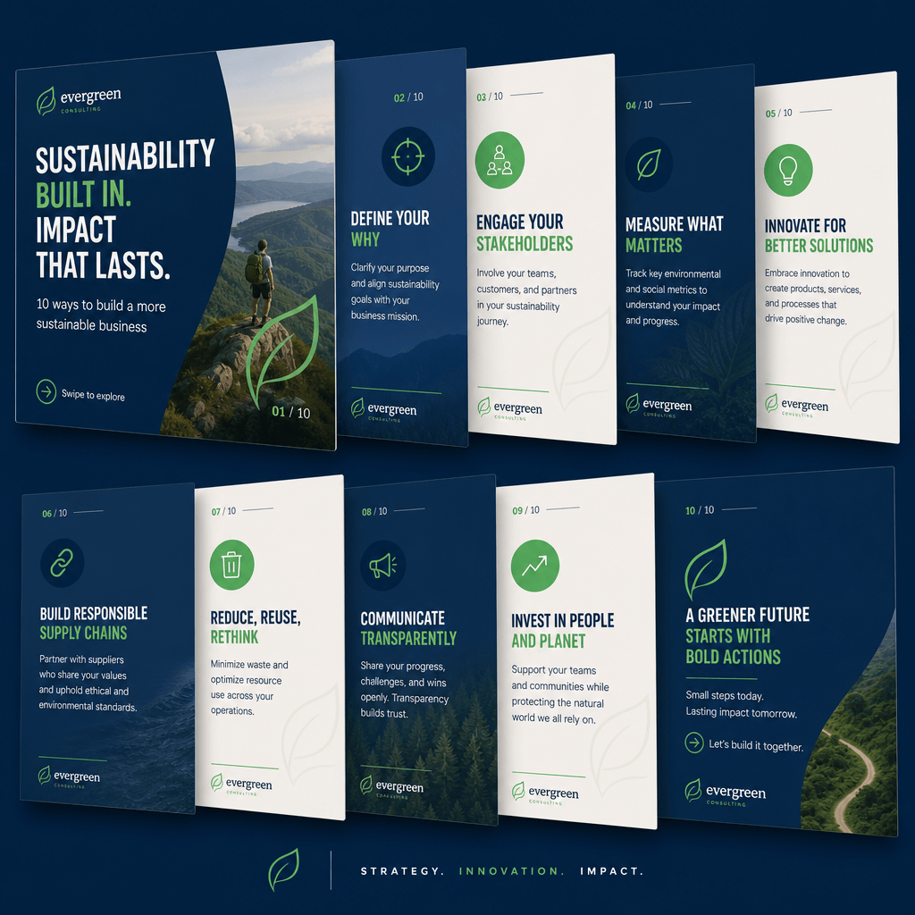 Complete carousel sequence mockup shown as fanned cards. Different slide perspectives visible, branded design elements, 