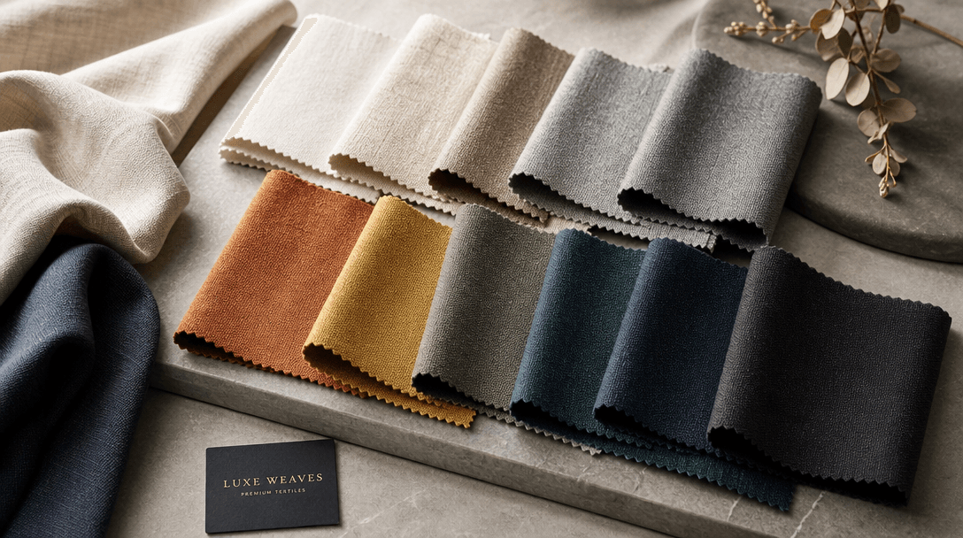 Multiple fabric swatches arranged artfully, color variations displayed, professional studio lighting, soft shadows, text