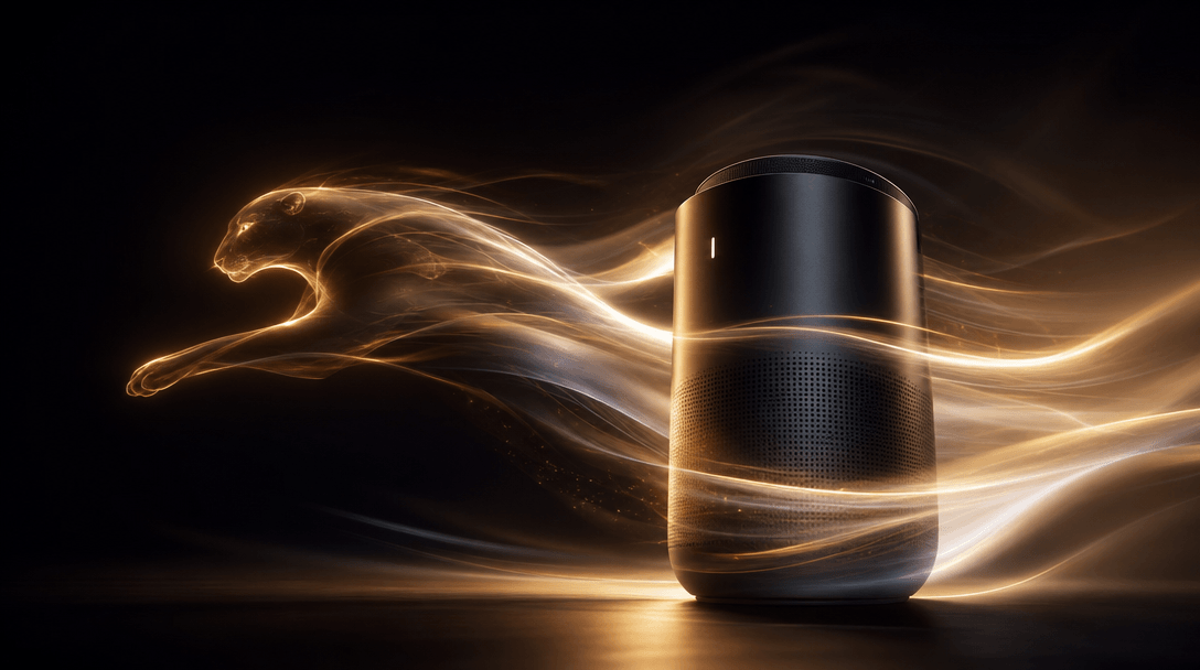 An abstract scene showing a product coming to life with soft light trails and motion blur. Dramatic studio lighting on a