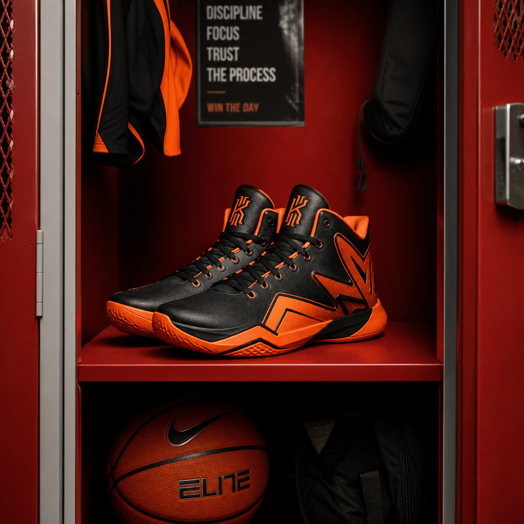 Premium basketball shoes in vibrant orange and black colorway displayed inside a realistic red gym locker with professio