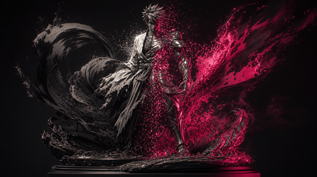 A single sculptural anime hero form interpreted through several adjacent material zones: matte ink, luminous particles, 