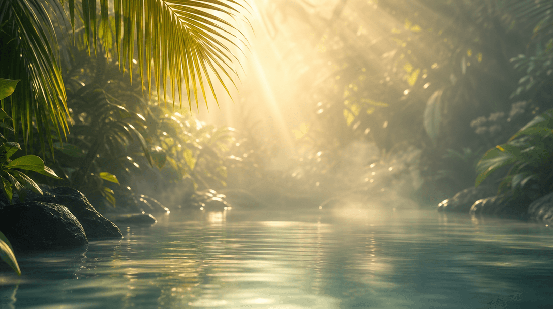 Soft golden sunlight diffusing through tropical foliage onto water surface. Dreamy, aspirational beauty aesthetic, calm 