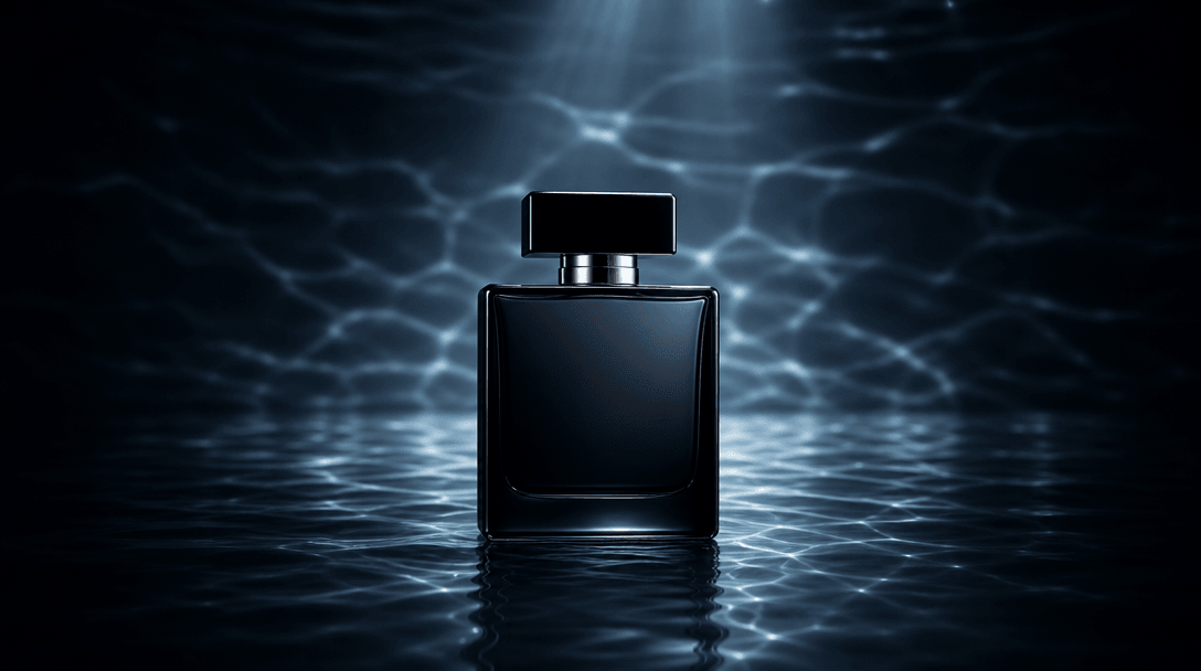 A single minimalist product silhouette isolated against layered ocean reflections, precise spotlight holding the object 