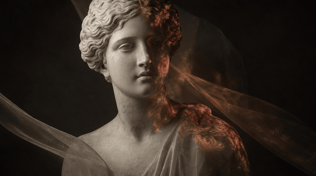 A sculptural portrait concept represented by a classical marble bust emerging from translucent silk and soft shadow, one